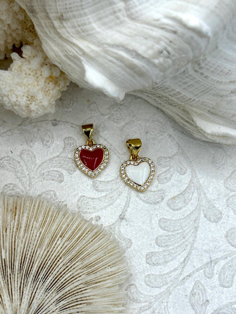 Colorful Enamel and Gold Heart Pendants with CZ, Gold Heart Charms, 2 Colors, Enamel and Gold Plated Brass Pendants with CZ, Fast Ship.