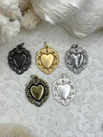 Sacred Heart Pendants, Sacred Heart Charms, Love Charm, Religious Charm, 5 finishes, 30mm x 26mm, 2.7mm thick, Zinc Alloy Heart, Fast Ship
