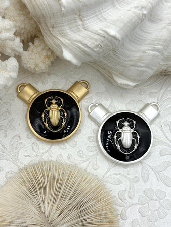 Black Enamel Scarab Pendants, Enamel and Plated Zinc Alloy, Scarab Charms, 2 finishes available, 35mm Pendant, Scarab Jewelry. Fast Ship.