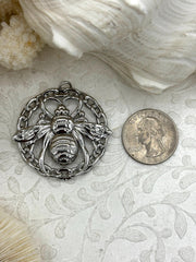 Brass Silver Plated Bee Pendant, Bee Charm, Bumblebee Pendant, High Quality Brass Pendants, Silver Pendant. 42mm Fast Ship