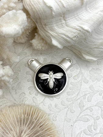 French Bee Black Enamel Pendants, Enamel and Zinc Alloy, Matte Silver Black Enamel Bee Pendant. Fast Ship.