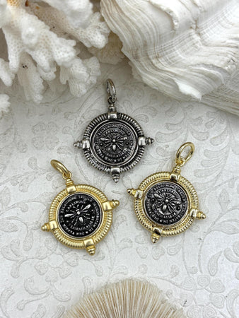 French Bee Replica Coin, Reproduction Bee Coin, Bee Pendant,Bee Necklace, Gold Coin, Bee Jewelry,Coin Jewelry, Three Bezel Colors, Fast Ship