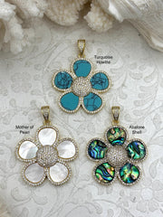 Flower Shaped Pendants Turquoise Howlite, Mother of Pearl, or Abalone. 38mm, Variety of stones, 3 styles. Fast Ship