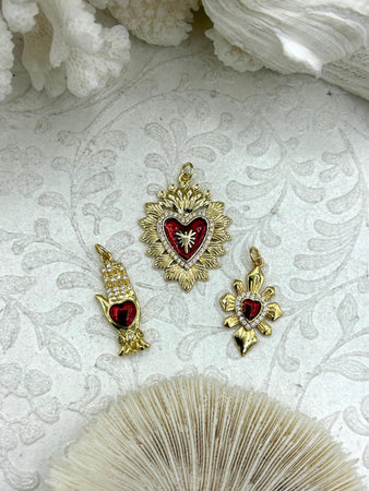 Gold and Red Plated Brass Heart CZ Charms, 3 styles, High Quality Heart Charms, Hand and Heart Red Heart Charms. Fast Ship