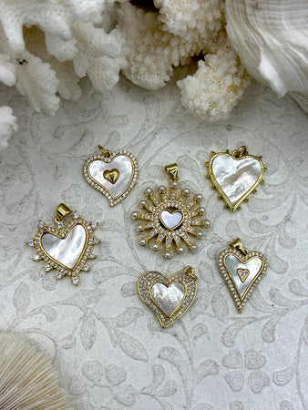 Mother of Pearl Heart CZ Charms, 7 styles, Gold Plated Brass Heart Charms, MOP Charms, Cubic Zirconia, Brass Mother of Pearl, Fast Ship