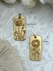 Brass Cartouche Dog Tag Flower Charm, Matte Gold, Flower Pendant, Dainty Flower Charm, Daisy Flower, Sun Flower or Poppy Flower, 30mmx14mm