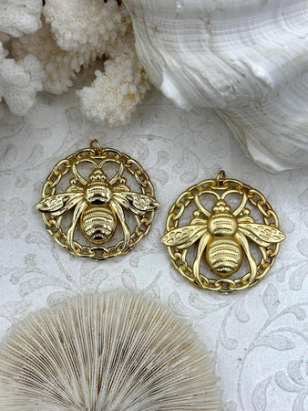Brass Gold or Matte Gold Plated Bee Pendant, Bee Charm, Bumblebee Pendant, High Quality Brass Pendants, Gold, & Matte Gold. 42mm Fast Ship