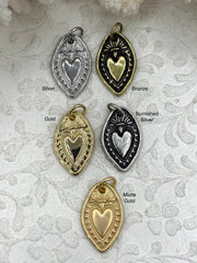 Sacred Heart Pendant, Sacred Heart Charm, Love Charm, Religious Charm 7 finishes, 28mm x 18mm, 2mm thick, Plated Zinc Alloy Heart, Fast Ship