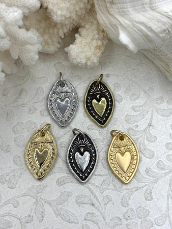 Sacred Heart Pendant, Sacred Heart Charm, Love Charm, Religious Charm 7 finishes, 28mm x 18mm, 2mm thick, Plated Zinc Alloy Heart, Fast Ship