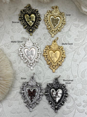 Sacred Heart Pendant, Sacred Heart Charm, Love Charm, Religious Charm 6 finishes, 41mm x 29mm, 2mm thick, Plated Zinc Alloy Heart, Fast Ship