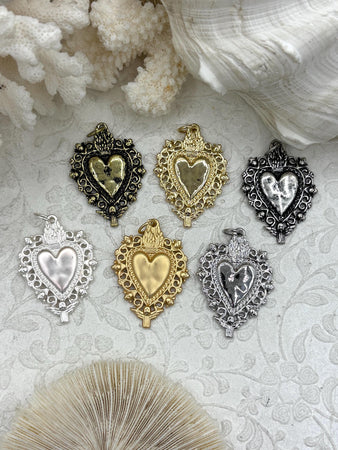 Sacred Heart Pendant, Sacred Heart Charm, Love Charm, Religious Charm 6 finishes, 41mm x 29mm, 2mm thick, Plated Zinc Alloy Heart, Fast Ship