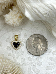 Black Enamel and Gold Heart Pendants with CZ, Gold Heart Charms, Enamel and Gold Plated Brass Pendants with CZ, Fast Ship.
