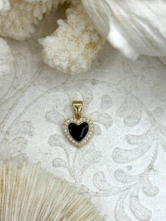 Black Enamel and Gold Heart Pendants with CZ, Gold Heart Charms, Enamel and Gold Plated Brass Pendants with CZ, Fast Ship.