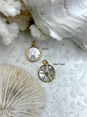 Mother of Pearl Charms, 2 styles, Round and Eiffel Tower, French Charms, Religious Charm, Cubic Zirconia, Mother of Pearl, Fast Ship