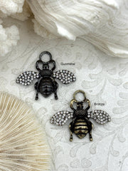 French Bee Charm Pendant CZ Micro PAVE , French Bee Charm, CZ Bee, 33mm x 39mm Bee Charm, Cubic Zirconia Bee Pendant, 2 Finishes Fast Ship