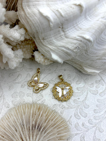Mother of Pearl Bee and Butterfly CZ Charms, 2 styles, Gold Plated Brass Charms, Bee or Butterfly, Cubic Zirconia,Mother of Pearl, Fast Ship