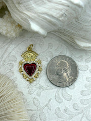Gold and Red Plated Brass Heart CZ Charms, High Quality Heart Charms, Hand and Heart Red Heart Charms. Fast Ship
