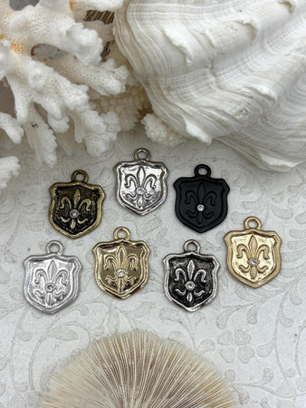 Fleur De Lis Shield Charms with CZ, Fleur De Lis Charm, 7 Finishes, Brass Charm, Fleur de lis Pendant, French Charm, Paris Charm, Fast Ship.