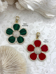 Flower Shaped Pendants Green Malachite Enamel, Red Enamel. 38mm, Variety of stones, 2 styles. Fast Ship