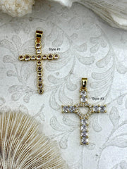 Gold Cross Charms with Cubic Zirconia, Gold Religious Cross, Brass Cross Charm, Gold Cross Pendant with clear CZ, 2 styles, Fast Ship