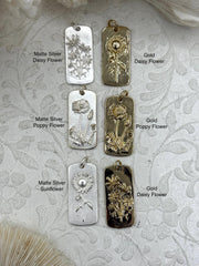 Brass Cartouche Dog Tag Flower Charm, Flower Pendant, Dainty Flower Charm, Daisy Flower, Sun Flower or Poppy Flower  2 finishes 30mmx14mm