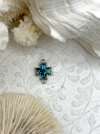 Abalone Connector Cross Charms, Abalone Charms, 13mm, Silver Plated Brass, Abalone Connector Charm Pendants, Fast Ship