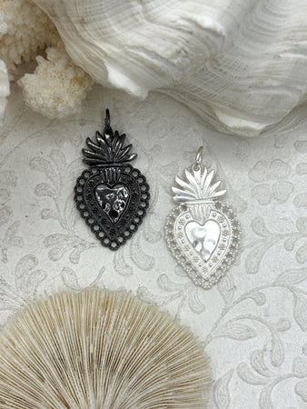 Sacred Heart Pendant, Sacred Heart Charm, Love Charm, Religious Charm 2 finishes, 40mm x 24mm, 2mm thick, Plated Zinc Alloy Heart, Fast Ship