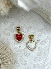 Colorful Enamel and Gold Heart Pendants with CZ, Gold Heart Charms, 2 Colors, Enamel and Gold Plated Brass Pendants with CZ, Fast Ship.