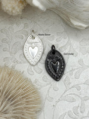 Sacred Heart Pendant, Sacred Heart Charm, Love Charm, Religious Charm 2 finishes, 28mm x 18mm, 2mm thick, Plated Zinc Alloy Heart, Fast Ship