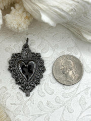 Sacred Heart Pendant, Gunmetal Sacred Heart Charm, Love Charm, Religious Charm, 41mm x 29mm, 2mm thick, Plated Zinc Alloy Heart, Fast Ship