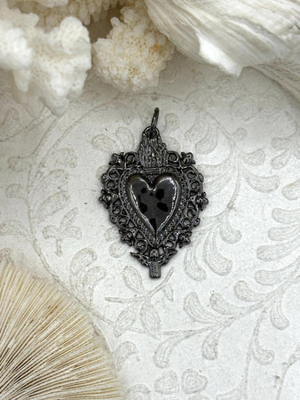 Sacred Heart Pendant, Gunmetal Sacred Heart Charm, Love Charm, Religious Charm, 41mm x 29mm, 2mm thick, Plated Zinc Alloy Heart, Fast Ship