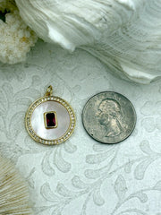 Mother of Pearl Round CZ Charm with Red Rectangle Center Stone, Cubic Zirconia charm, MOP Charms, Plated Brass, Fast Ship