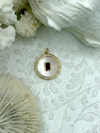 Mother of Pearl Round CZ Charm with Red Rectangle Center Stone, Cubic Zirconia charm, MOP Charms, Plated Brass, Fast Ship