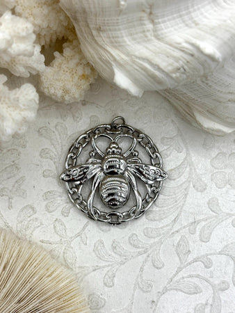 Brass Silver Plated Bee Pendant, Bee Charm, Bumblebee Pendant, High Quality Brass Pendants, Silver Pendant. 42mm Fast Ship