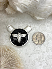 French Bee Black Enamel  Pendants, Enamel and Zinc Alloy, Matte Silver Black Enamel Bee Pendant. Fast Ship.