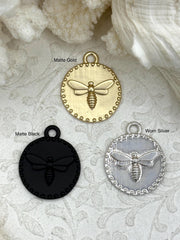 Brass Bee Coin Charm, Bumblebee Charm, Queen Bee Charm, Honey Bee Charm, Bee Pendant, Bee Charm, French Bee Round 28mm 3 Finishes Fast Ship