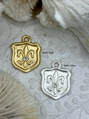 Fleur De Lis Shield Charms with CZ, Fleur De Lis Charm, 2 Finishes, Brass Charm, Fleur de lis Pendant, French Charm, Paris Charm, Fast Ship.