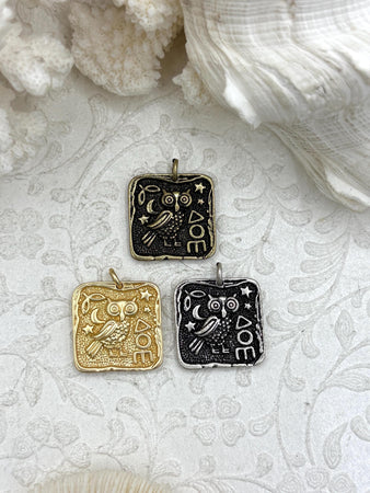 High Quality Brass Ancient Greek Coin, Bubo Owl of Athena Greek ,Athena's Owl, Replica Charm, 3 Finishes, 24mm, Fast Ship