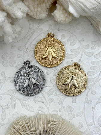 Brass Gold or Rhodium Plated Bee Pendant, Bee Charm,Bumblebee Pendant, High Quality Brass Pendants, Gold, Silver & Matte Gold.42mm Fast Ship