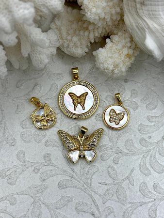 Mother of Pearl Butterfly CZ Charms, 4 styles, Gold Plated Brass Butterfly Charms, MOP Charms, Cubic Zirconia, Mother of Pearl, Fast Ship