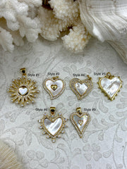 Mother of Pearl Heart CZ Charms, 7 styles, Gold Plated Brass Heart Charms, MOP Charms, Cubic Zirconia, Brass Mother of Pearl, Fast Ship
