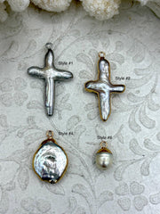 Pearl Charms, Pearl cross charm, Brass Mother of Pearl, 5 Styles, gold or silver, round mother of pearl charms, Fast Ship