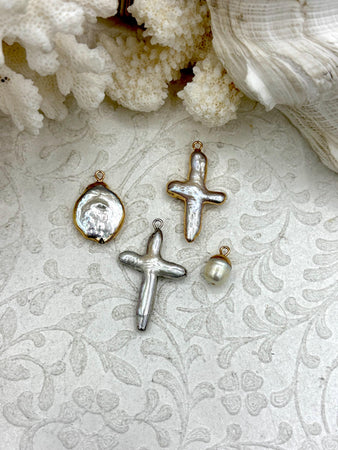 Pearl Charms, Pearl cross charm, Brass Mother of Pearl, 5 Styles, gold or silver, round mother of pearl charms, Fast Ship