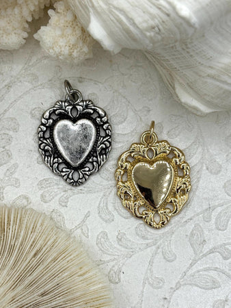 Sacred Heart Pendants, Sacred Heart Charms, Love Charm, Religious Charm 2 finishes, 30mm x 26mm, 2.7mm thick, Zinc Alloy Heart, Fast Ship