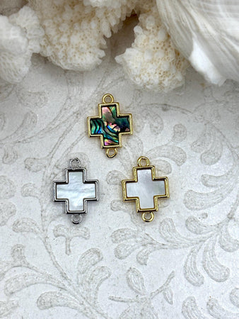 Mother of Pearl and Abalone Connector Cross Charms, Abalone Charms, Gold or Silver Plated Brass, Mother of Pearl Connector Charms, Fast Ship