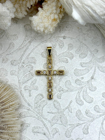Gold Cross Charms with Cubic Zirconia, Gold Religious Cross, Brass Cross Charm, Gold Cross Pendant with clear CZ, Fast Ship