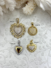 Brass Heart Charms with CZ, 5 styles, Gold and Silver Plated Brass, Brass and Cubic Zirconia Heart Pendants. Fast Ship