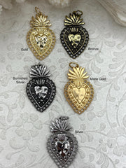 Sacred Heart Pendant, Sacred Heart Charm, Love Charm, Religious Charm 5 finishes, 40mm x 24mm, 2mm thick, Plated Zinc Alloy Heart, Fast Ship