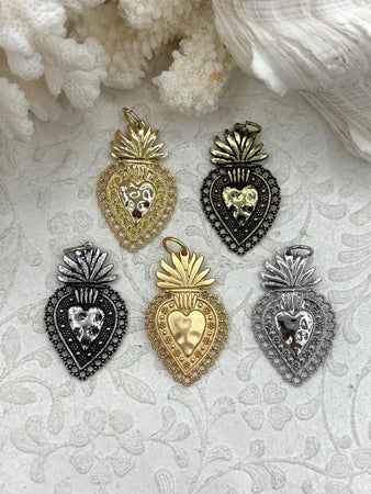 Sacred Heart Pendant, Sacred Heart Charm, Love Charm, Religious Charm 5 finishes, 40mm x 24mm, 2mm thick, Plated Zinc Alloy Heart, Fast Ship