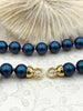 Image of Hand Knotted Necklace 17" Long, Blue Round Glass Pearl Beads with Finished Ends, Gold or Matte Gold End Caps, Fast Ship